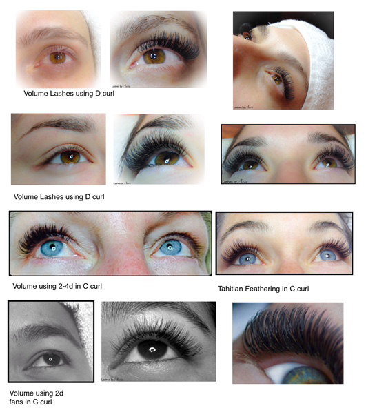 Eyelash extensions before and after using C and D curls.