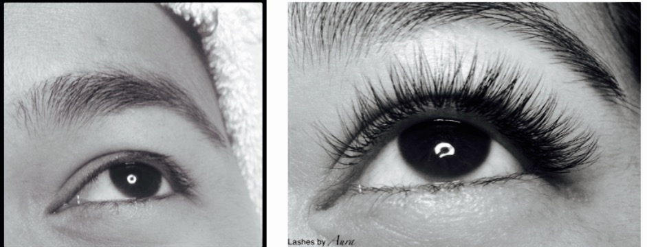 Before and after lash extension application on Asian eyes.