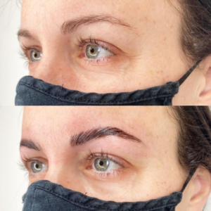 Before and After brow lamination service at Palm and Cedar in Parksville, BC.